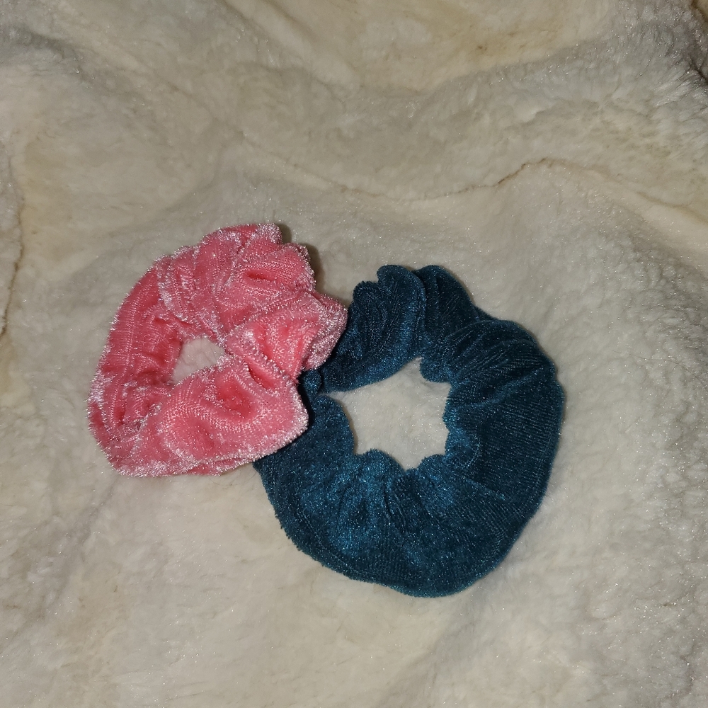 Pink & blue velvet scrunchies